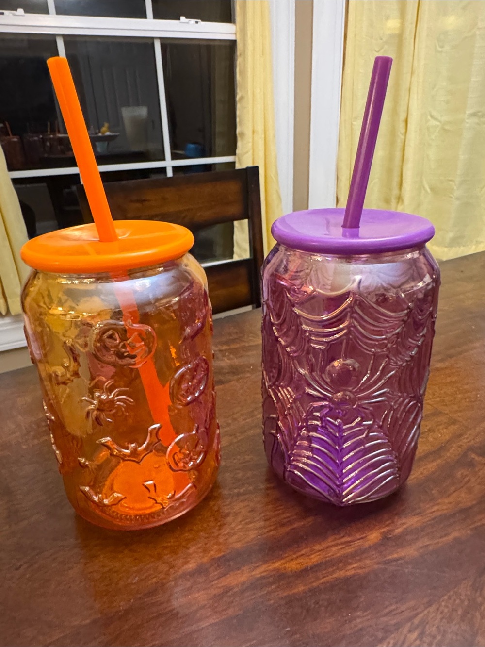Orange and Purple Embossed w/bats & spiders GlassTumbler Set w/lid and straw